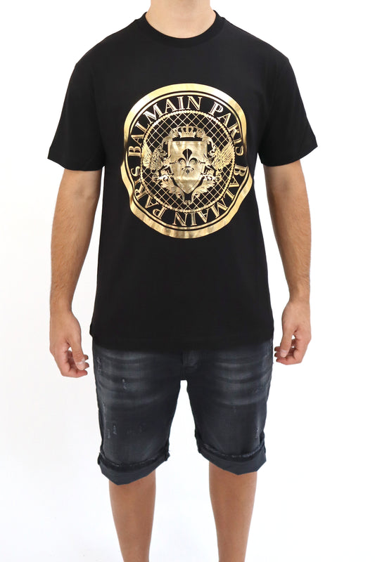 BALMAIN T-Shirt Printed nera stampa oro